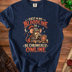 T-shirt with a knight mouse reading a tablet, reading "First in my bloodline to be chronically online."