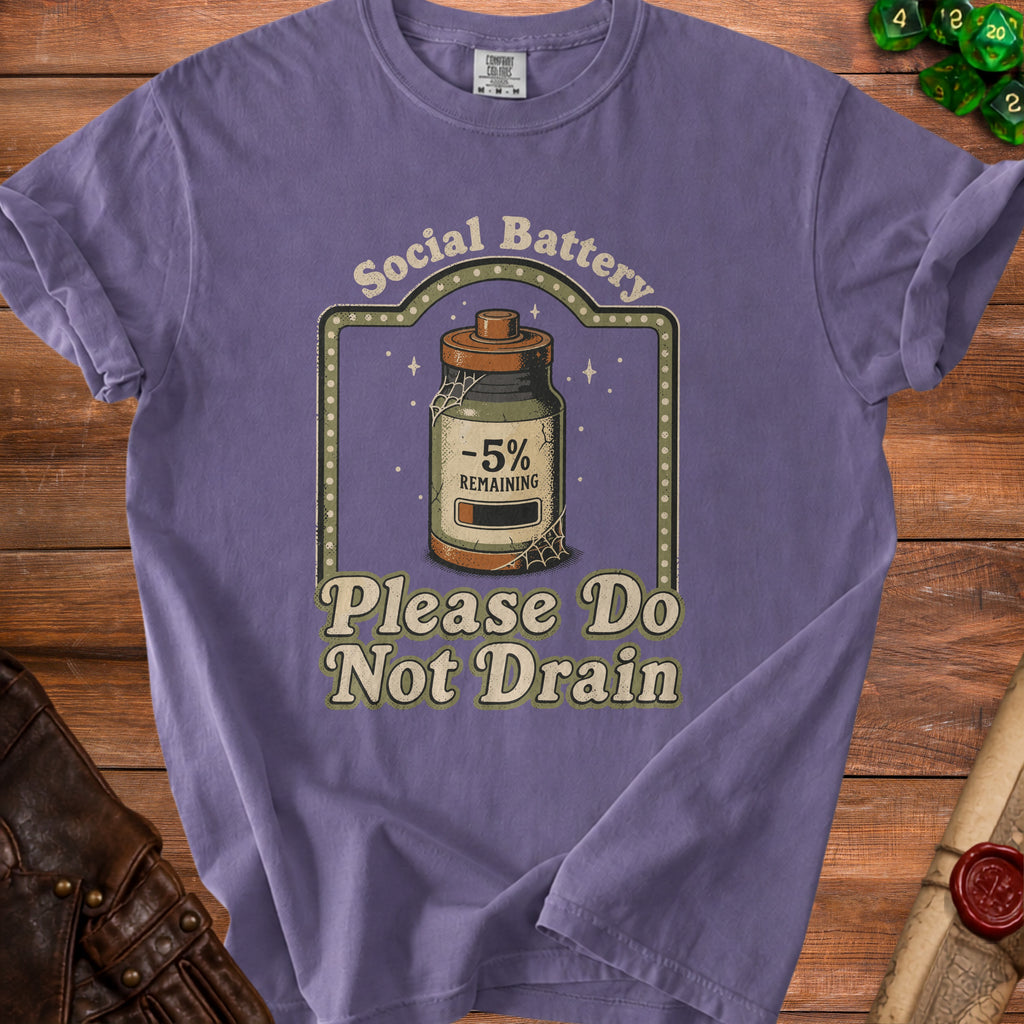 Purple t-shirt with "Social Battery -5% Remaining Please Do Not Drain" graphic.