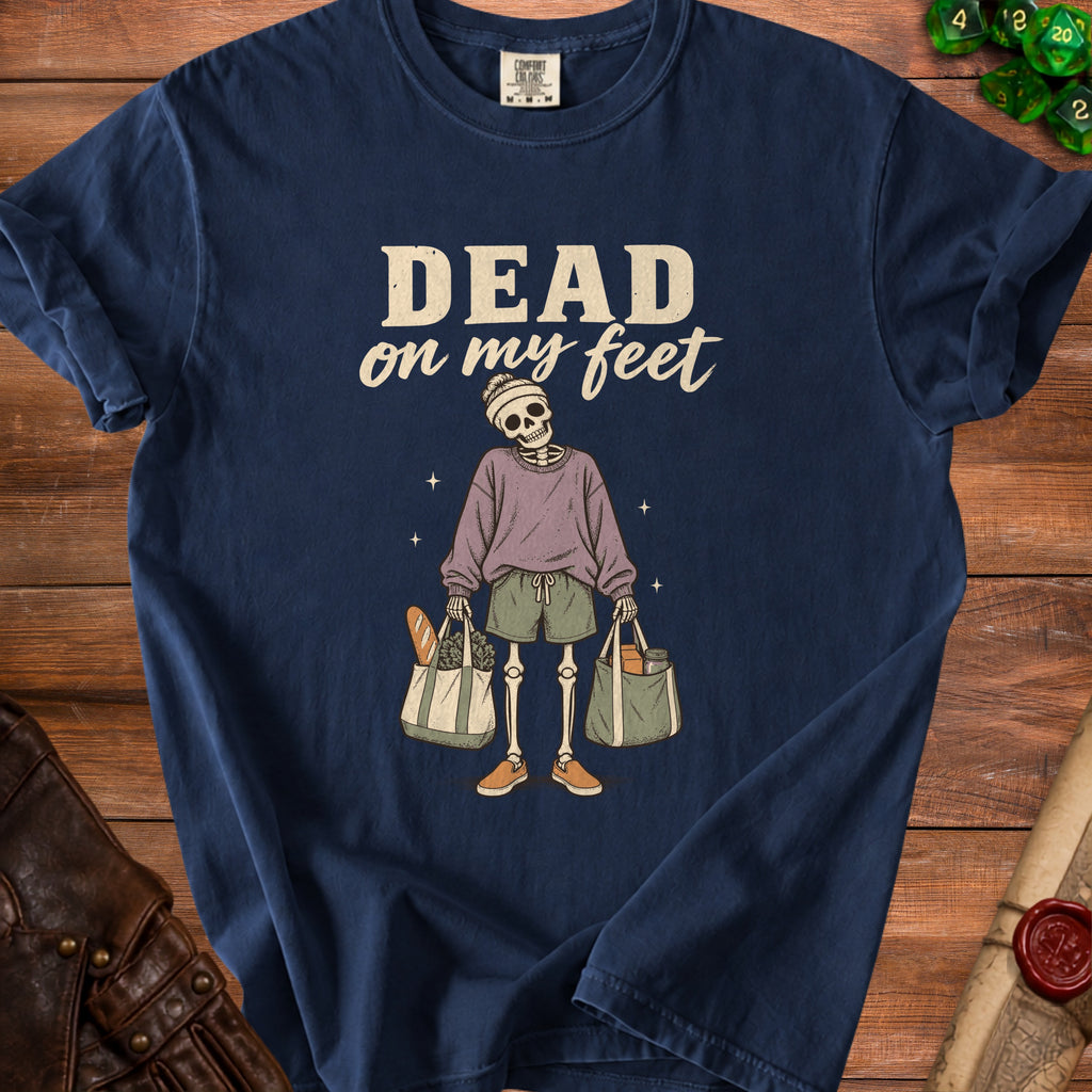 Skeleton graphic on navy t-shirt with text "DEAD on my feet".