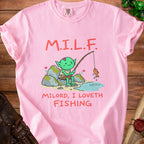 Pink t-shirt with M.I.L.F. text and goblin fishing illustration.