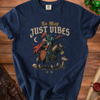 Dark blue t-shirt with knight on horse graphic and "No Map Just Vibes" text.