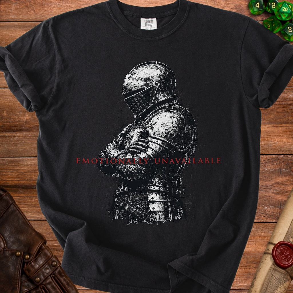 Black t-shirt with knight armor graphic and "Emotionally Unavailable" text.