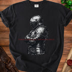 Black t-shirt with knight armor graphic and "Emotionally Unavailable" text.