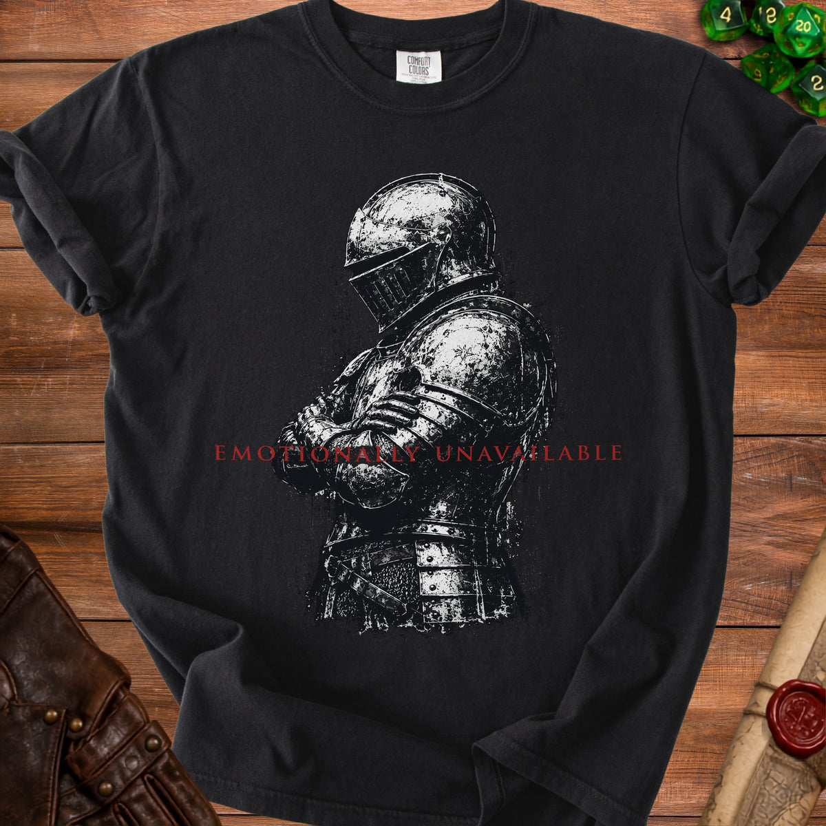 Black t-shirt with knight armor graphic and "Emotionally Unavailable" text.