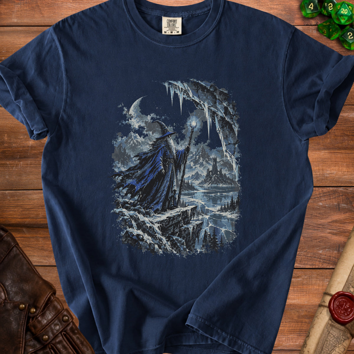 Dark blue t-shirt with wizard in icy landscape graphic and "Comfort Colors" tag.