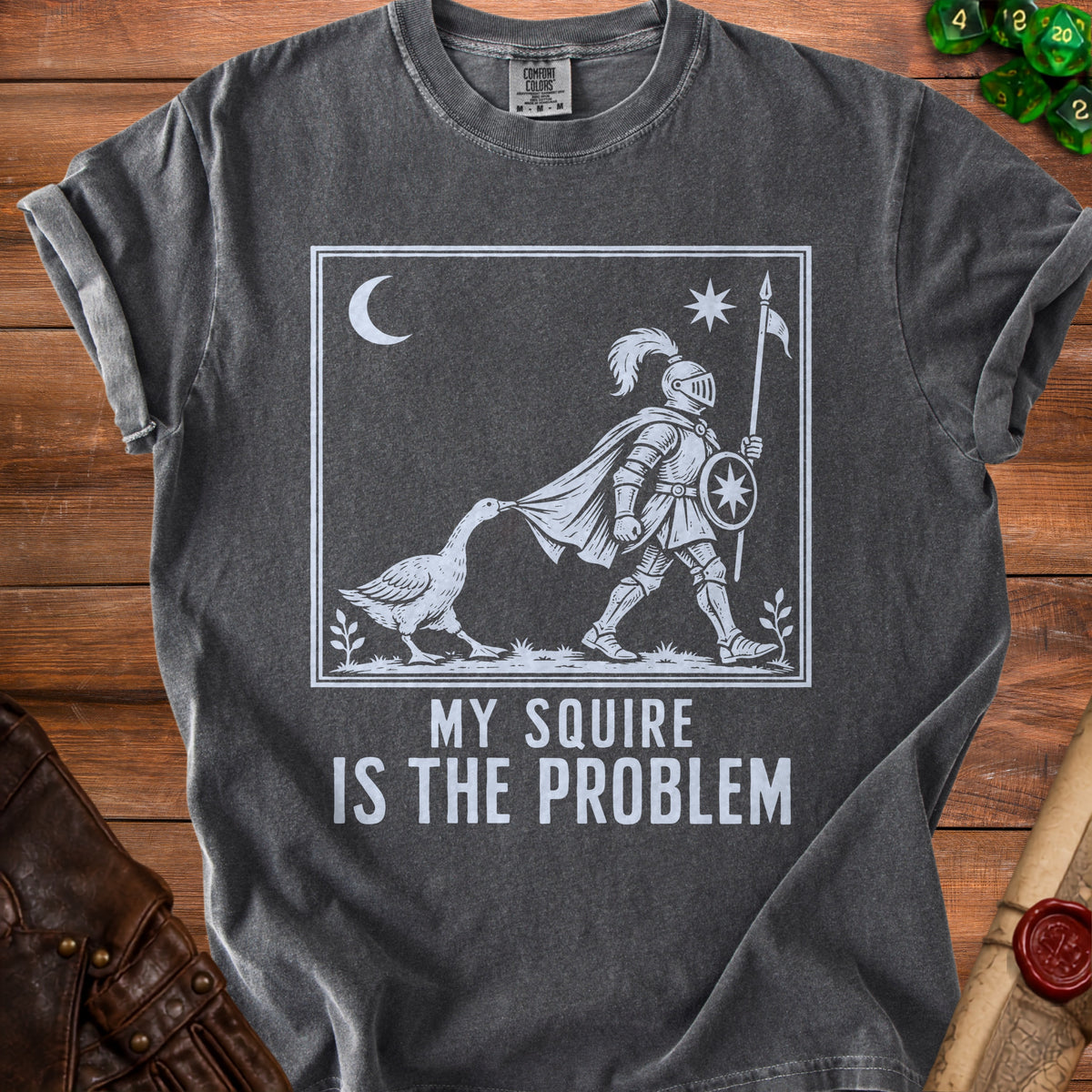 T-shirt graphic with knight, goose, moon, star, and text "MY SQUIRE IS THE PROBLEM".