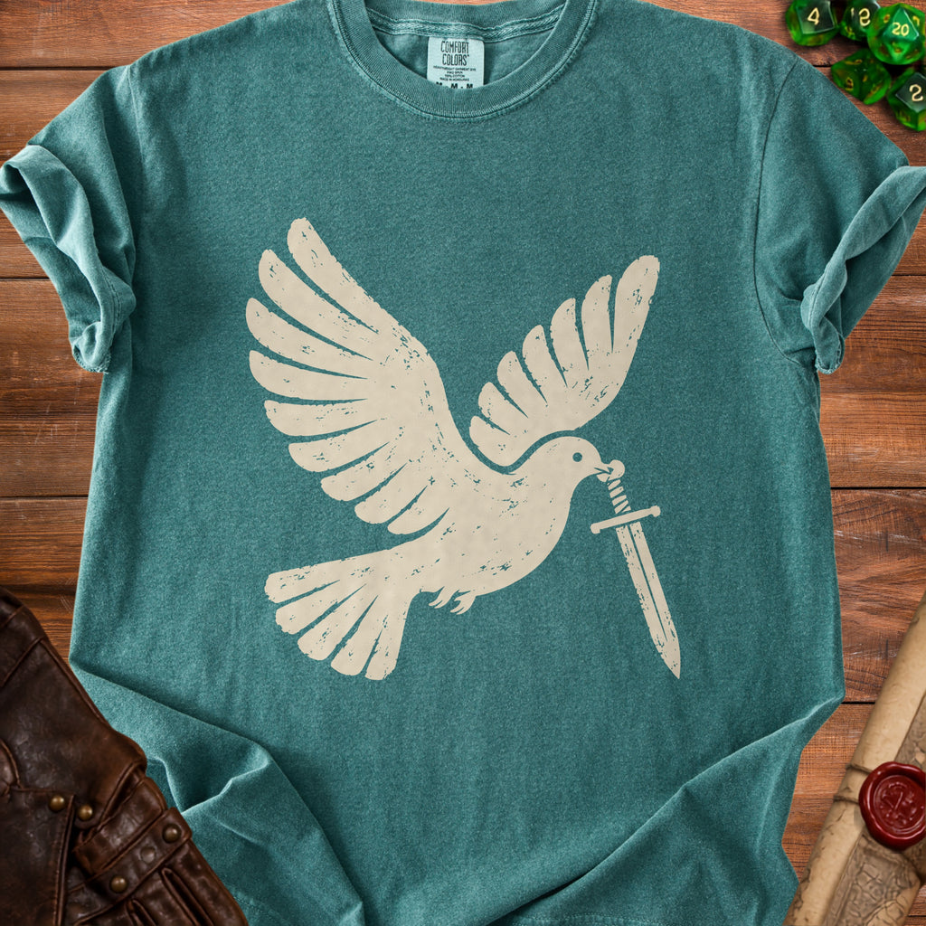 Cream dove graphic holding a sword, printed on a teal t-shirt.