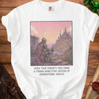 White t-shirt with knight overlooking castle and text "When your parents pass down a strong work ethic instead of generational wealth."