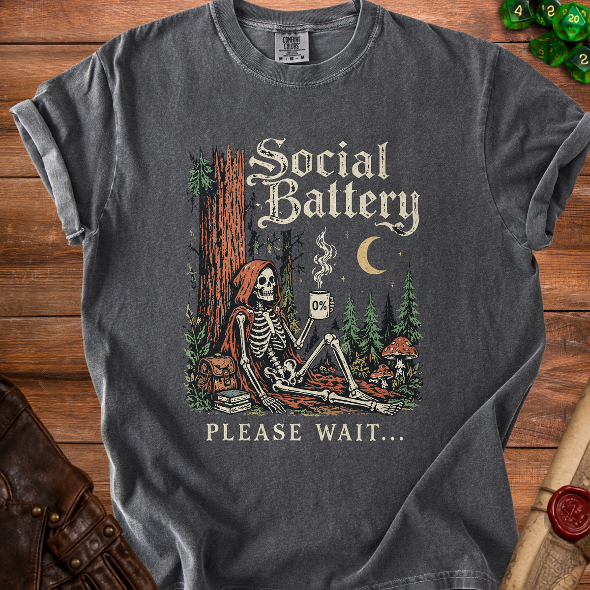 Skeleton with coffee mug reading 0% Social Battery, with text "PLEASE WAIT..."