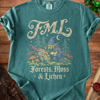 Teal t-shirt with "FML" and goblin examining plants, "Forests, Moss & Lichen".