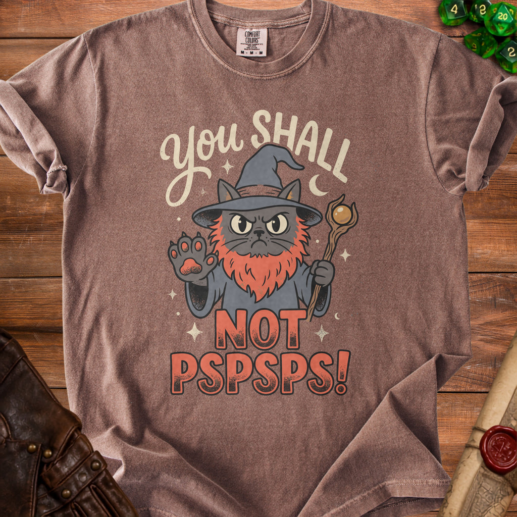 Brown t-shirt with wizard cat graphic saying "You SHALL NOT PSPSPS!".