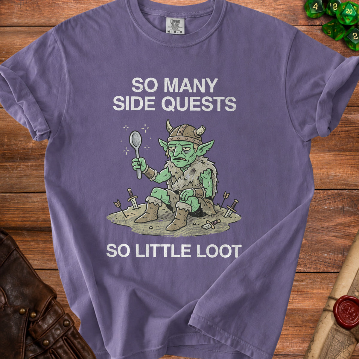 Purple t-shirt with "So Many Side Quests So Little Loot" and a goblin holding a spoon.