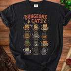 Black t-shirt with "Dungeons & Cats" text and illustrations of cats as various D&D classes.
