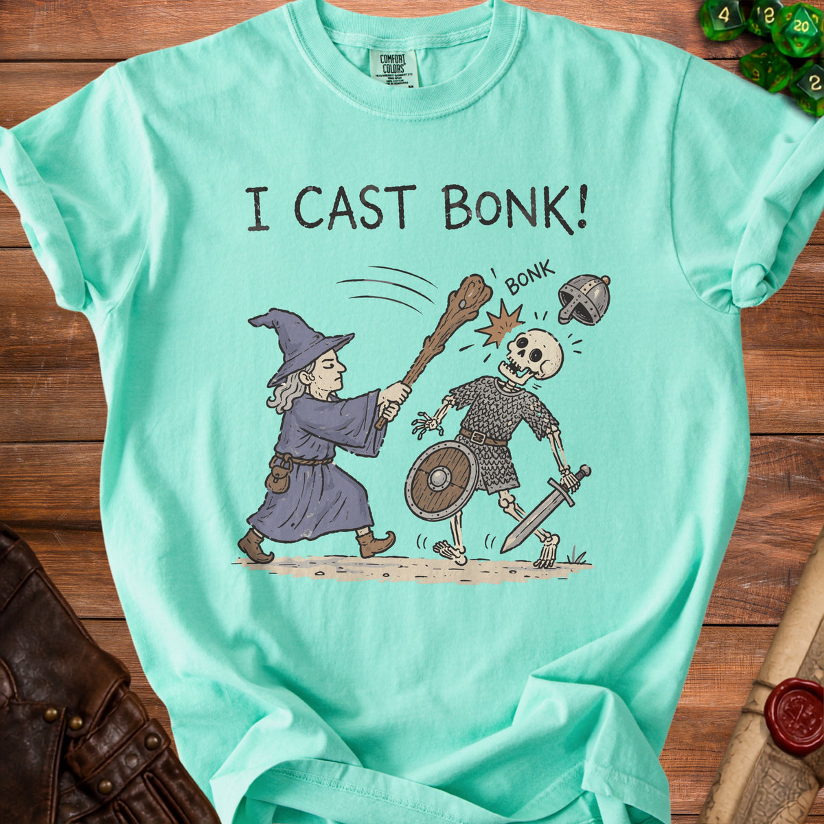 Wizard casts "bonk" on skeleton, text reads "I CAST BONK!".