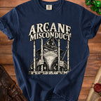 Navy t-shirt with "Arcane Misconduct" text and a frog wizard in jail graphic.
