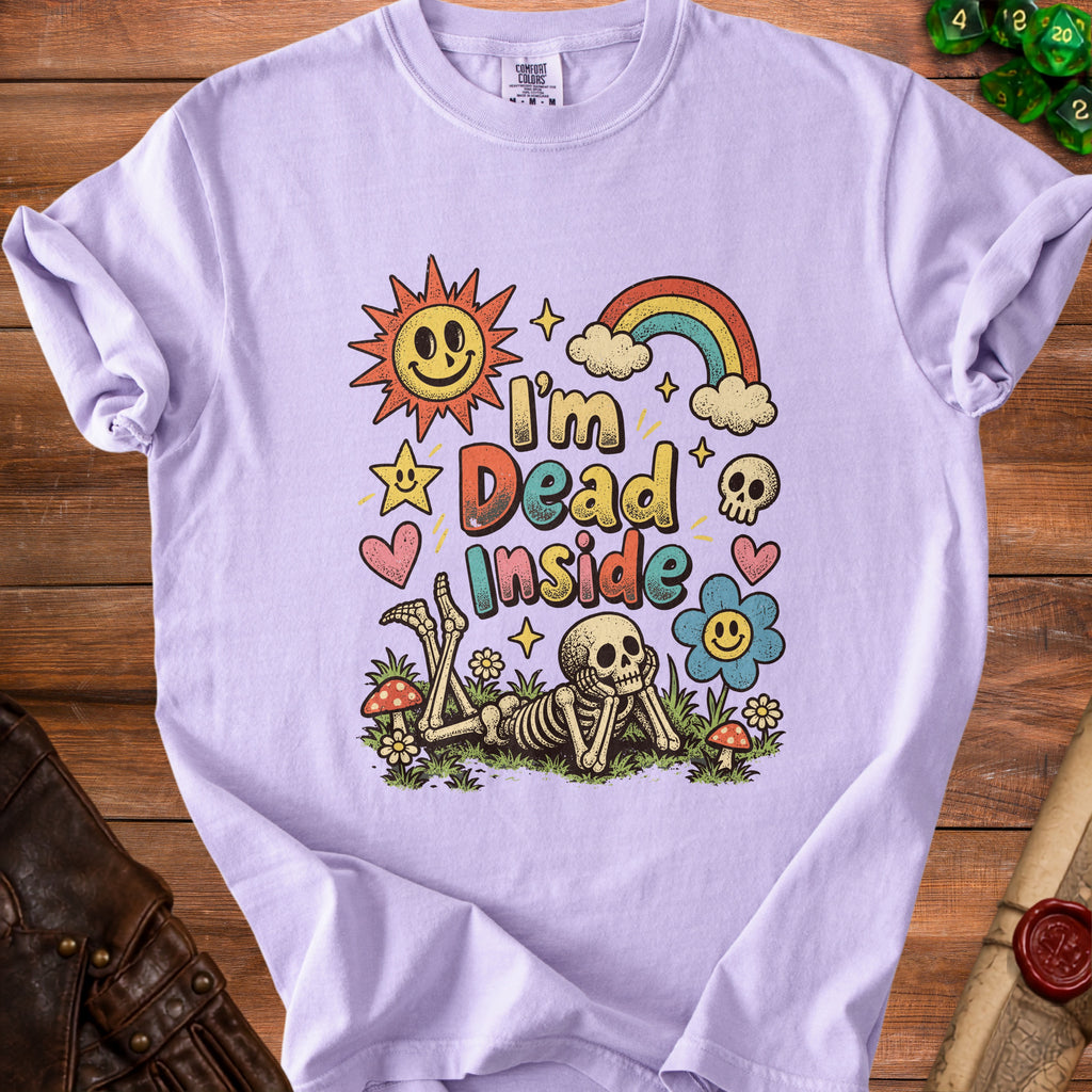 Lilac t-shirt with "I'm Dead Inside" graphic, skeleton, sun, and rainbow.