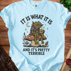 Light blue t-shirt with goblin on mushroom graphic, text "IT IS WHAT IT IS AND IT'S PRETTY TERRIBLE".