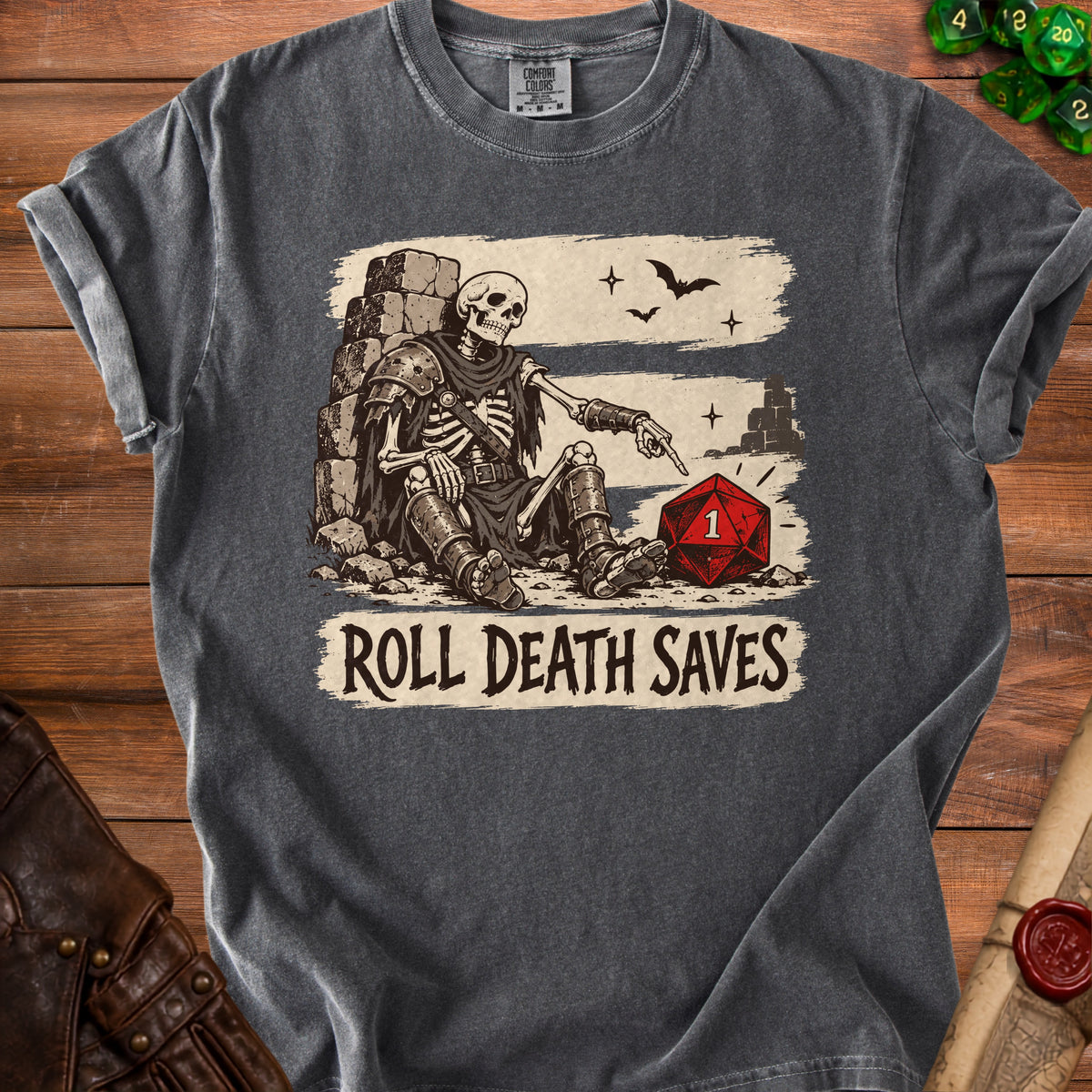 Skeleton pointing at a red dice with the number 1 and text "ROLL DEATH SAVES".