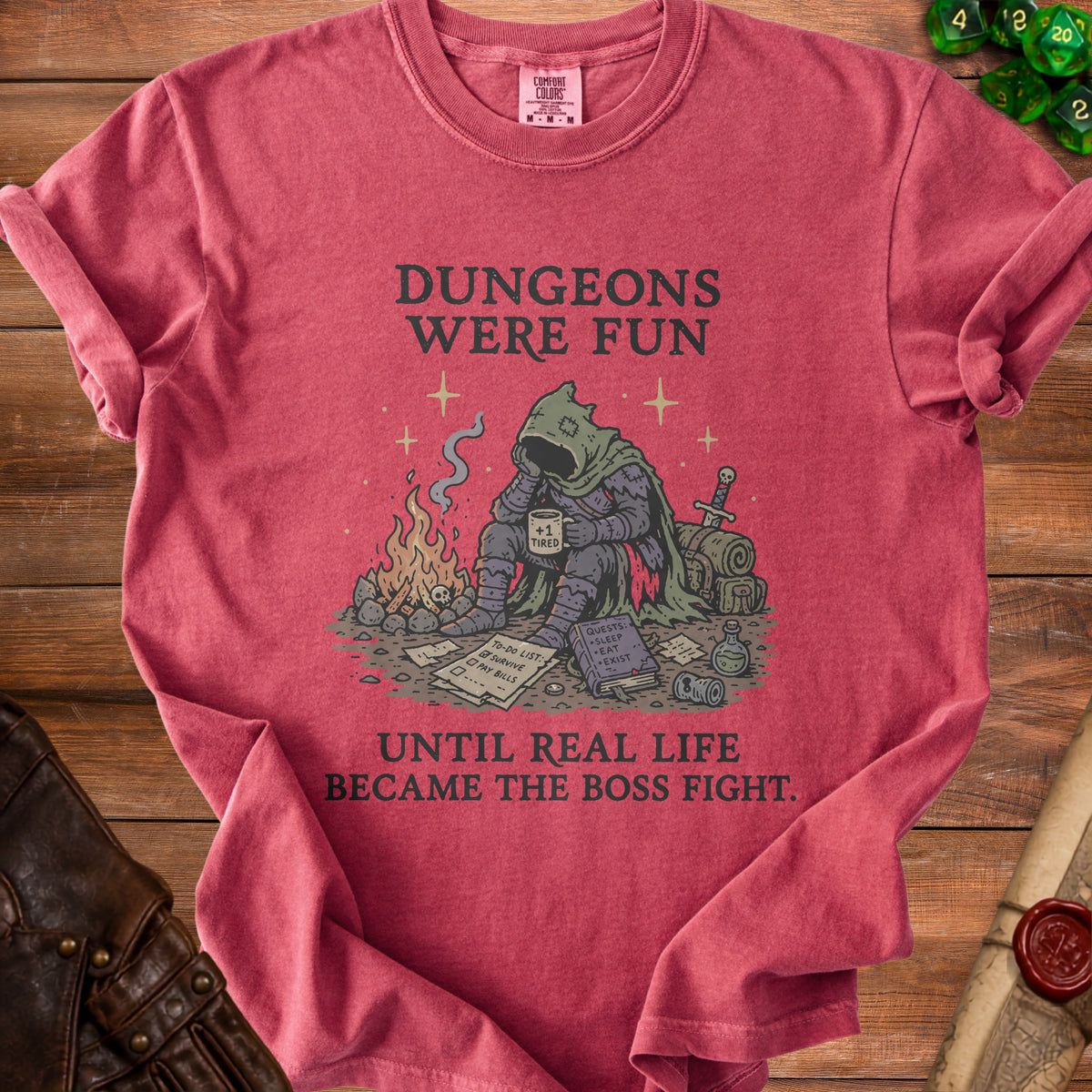 Red t-shirt with Dungeons and Dragons humor graphic.