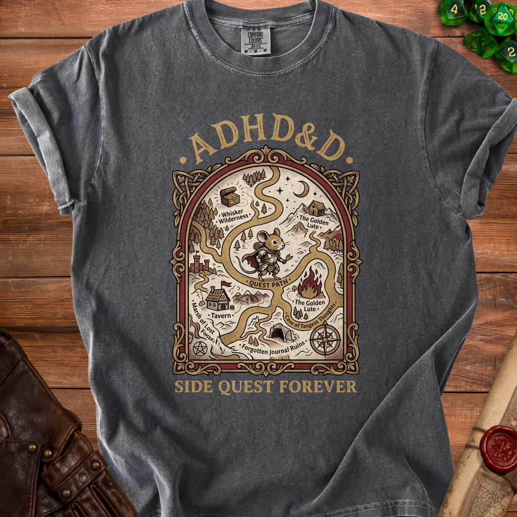 T-shirt with "ADHD&D" text and a fantasy map illustration including a mouse.