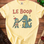 Yellow t-shirt with "LE BOOP" text and a knight poking a dragon.