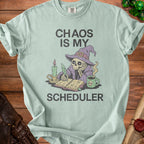 Mint green t-shirt with skeleton graphic and text: Chaos Is My Scheduler.