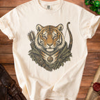 Cream t-shirt featuring a tiger warrior graphic with a bow and quiver.