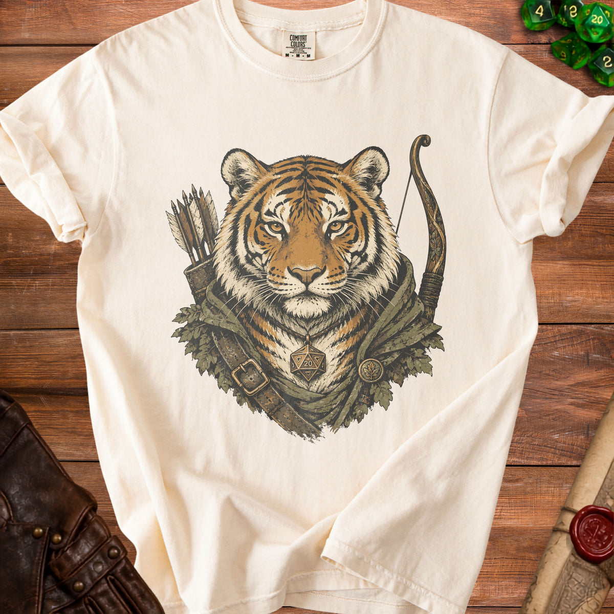 Cream t-shirt featuring a tiger warrior graphic with a bow and quiver.