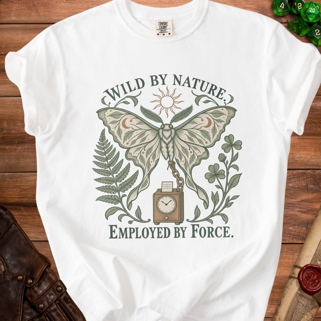 White t-shirt with a moth, sun, fern, clover, and clock design. "WILD BY NATURE. EMPLOYED BY FORCE."