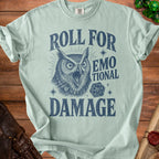 Light blue t-shirt with "Roll For Emotional Damage" and an owl graphic.