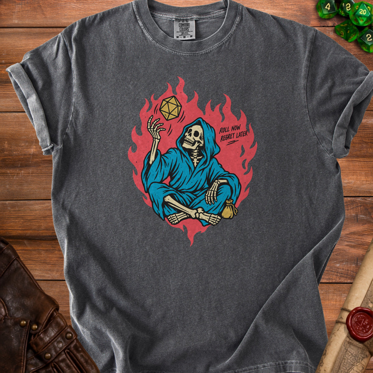 Skeleton in blue robe tossing a twenty-sided die with flames and "Roll Now Regret Later".