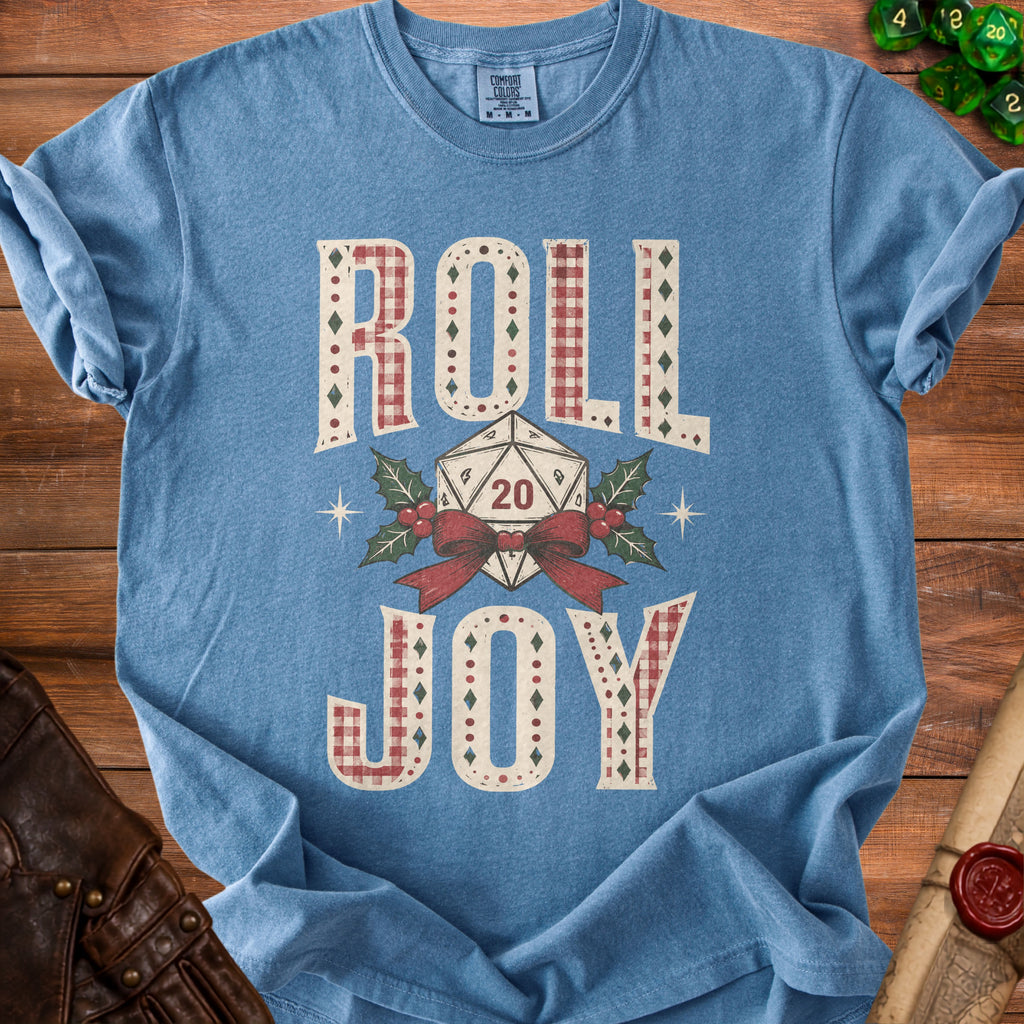 Blue t-shirt with "Roll Joy" text and a D20 dice design.