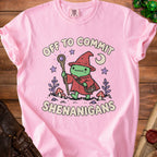 Pink t-shirt with cartoon wizard frog, stars, moon, mushrooms, and text "OFF TO COMMIT SHENANIGANS".