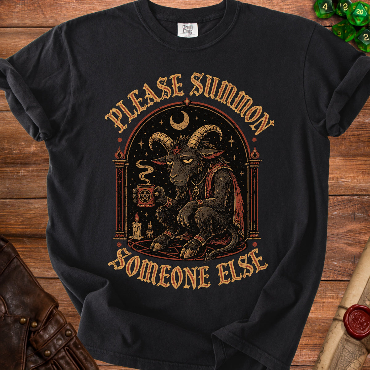 Black t-shirt with a distressed graphic of a goat with a pentagram on its head holding a mug.