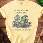 Yellow t-shirt graphic: wizard goblin by fan, pizza, and text.