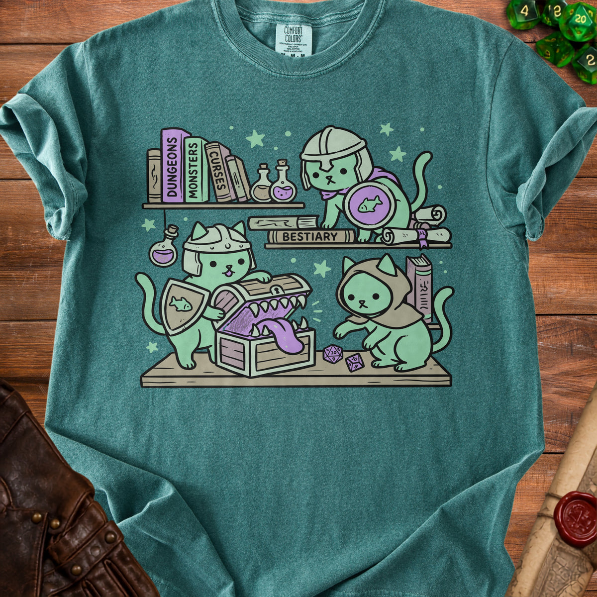 Cartoon cats dressed as adventurers explore a treasure chest next to books and dice.