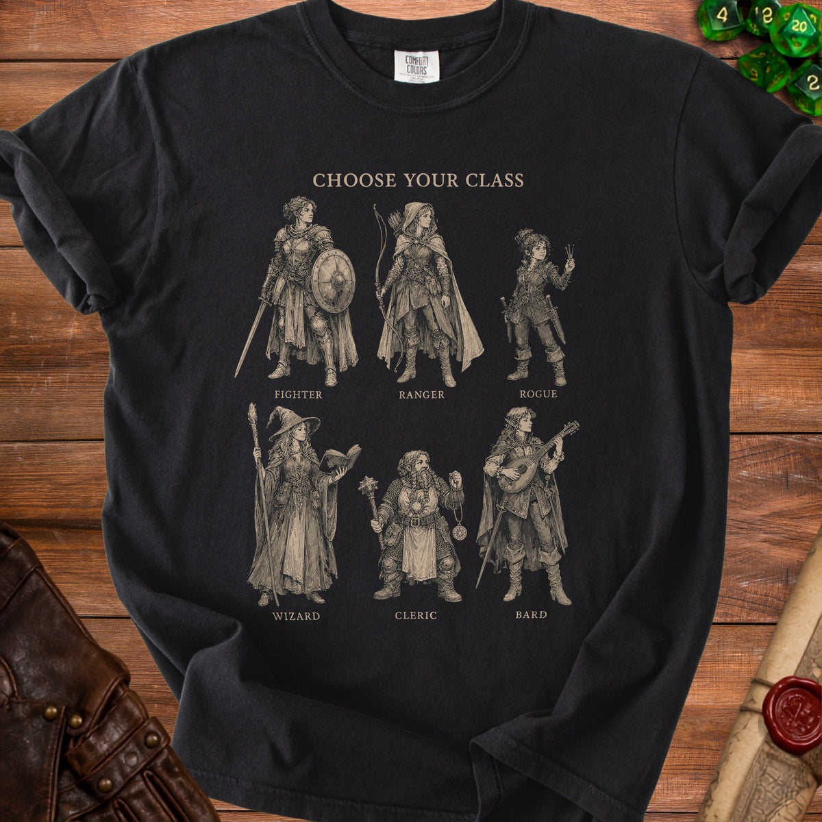 Black t-shirt with "CHOOSE YOUR CLASS" text and fantasy characters.