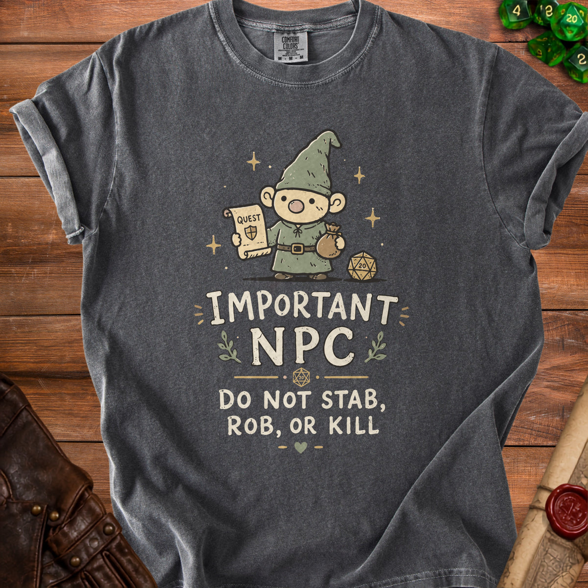 Charcoal t-shirt with a gnome holding a quest scroll and bag, and text "Important NPC Do Not Stab, Rob, Or Kill".
