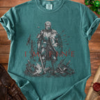 Knight in armor with arrows in shield and "I'M FINE" text.