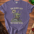 Goblin with wizard hat holding "NO" sign, text says "THE OLDER I GET THE FUCKER THE NO".