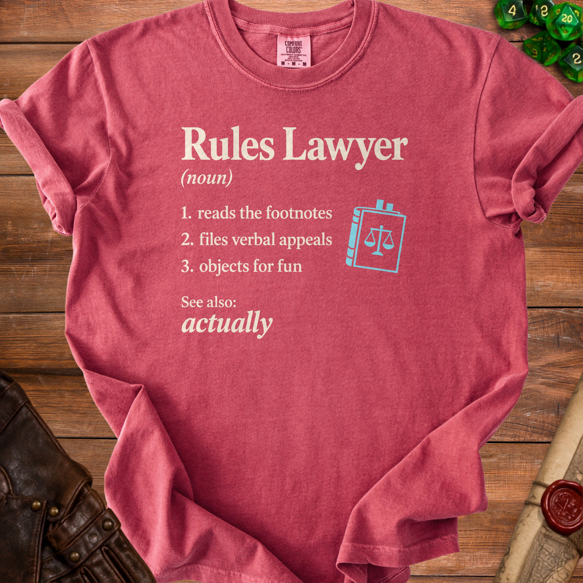 Red t-shirt with "Rules Lawyer" definition and light blue law icon.