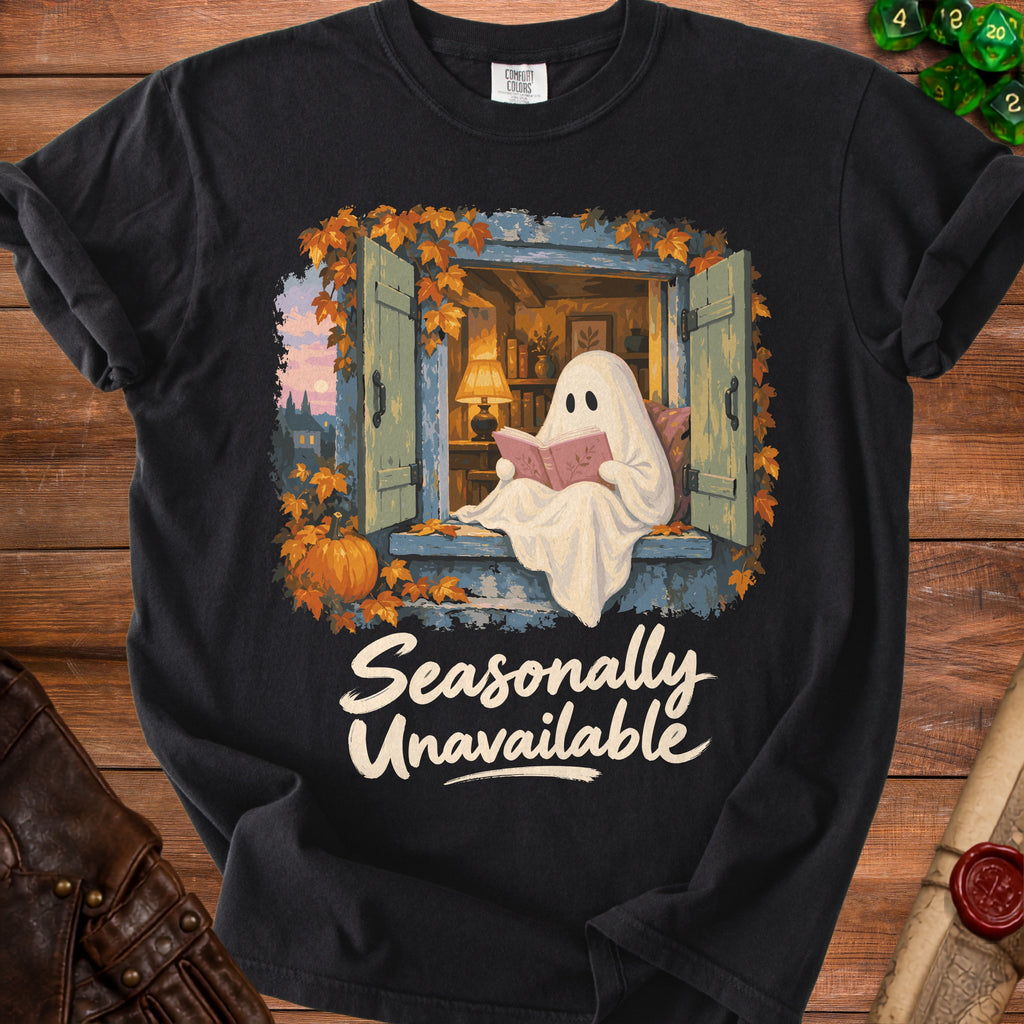 Ghost reading a book in a window with "Seasonally Unavailable" text.