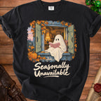 Ghost reading a book in a window with "Seasonally Unavailable" text.