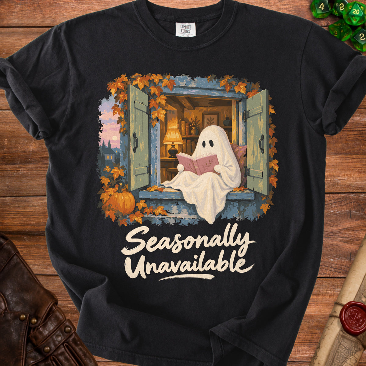 Ghost reading a book in a window with "Seasonally Unavailable" text.