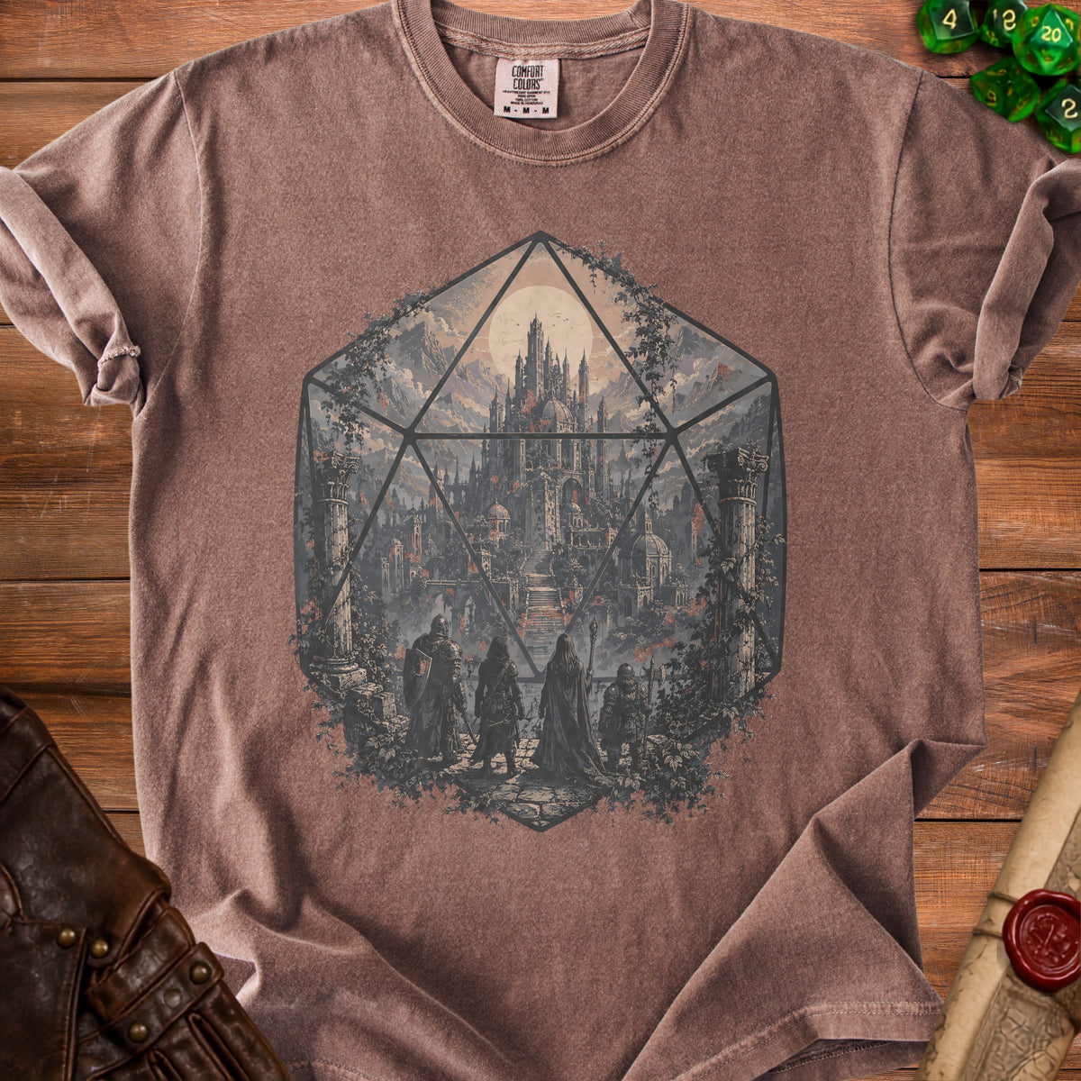 Brown t-shirt with D20 die graphic featuring a fantasy castle and adventurers.