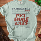 Light blue t-shirt with "Familiar File" and "Pet More Cats" graphic.