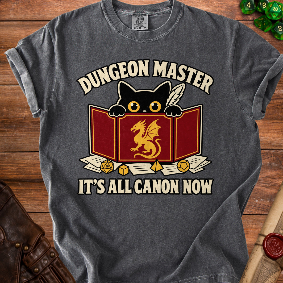 Dark grey t-shirt with black cat and dragon graphic, "Dungeon Master It's All Canon Now".