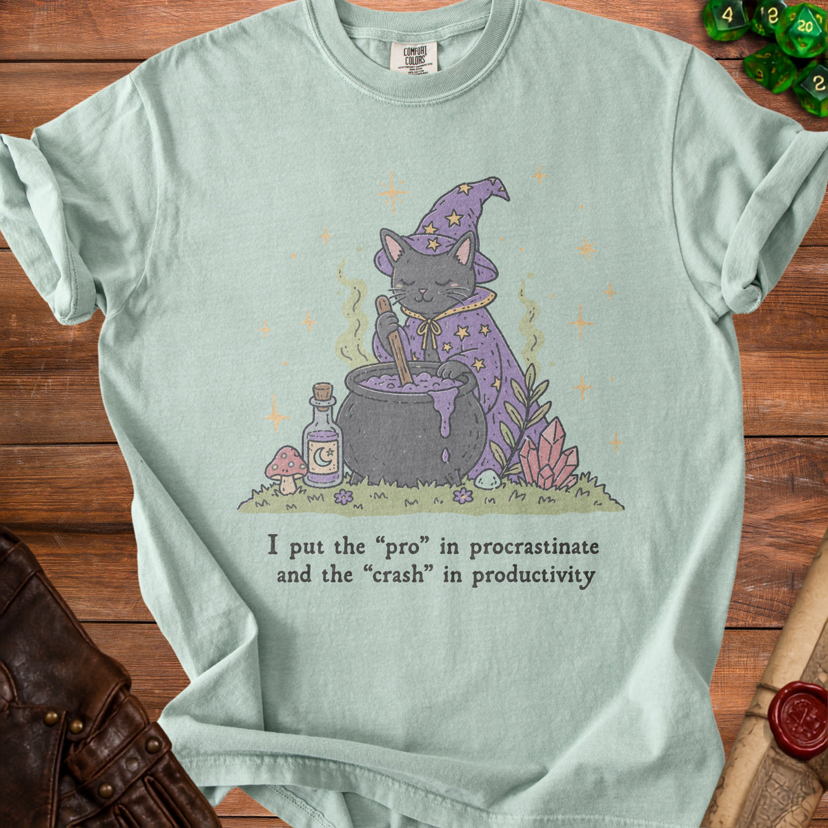 Cat wizard stirring potion with text "I put the 'pro' in procrastinate and the 'crash' in productivity."
