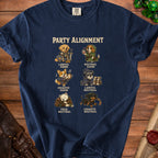 T-shirt with "Party Alignment" text and six illustrated dogs representing different alignments.