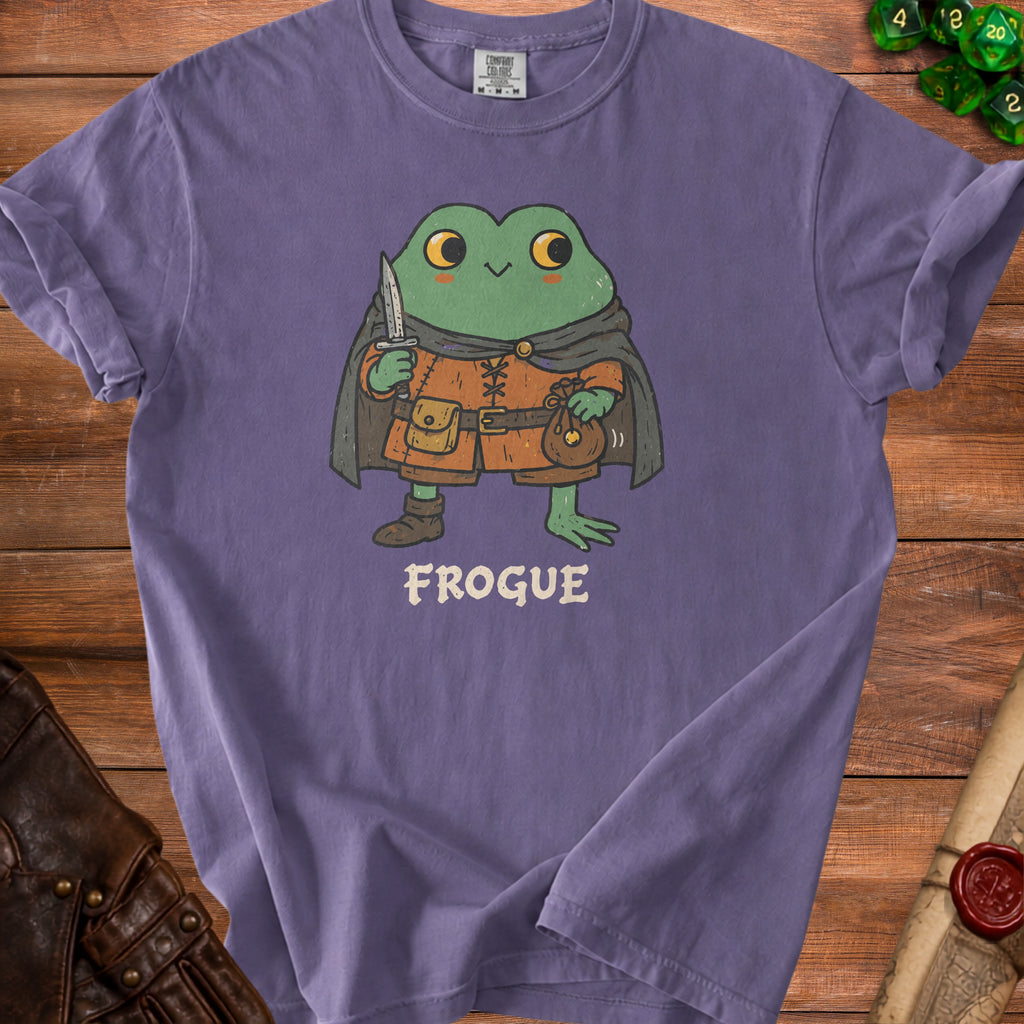 Purple t-shirt with "Frogue" text and cartoon frog wearing cloak and holding dagger.